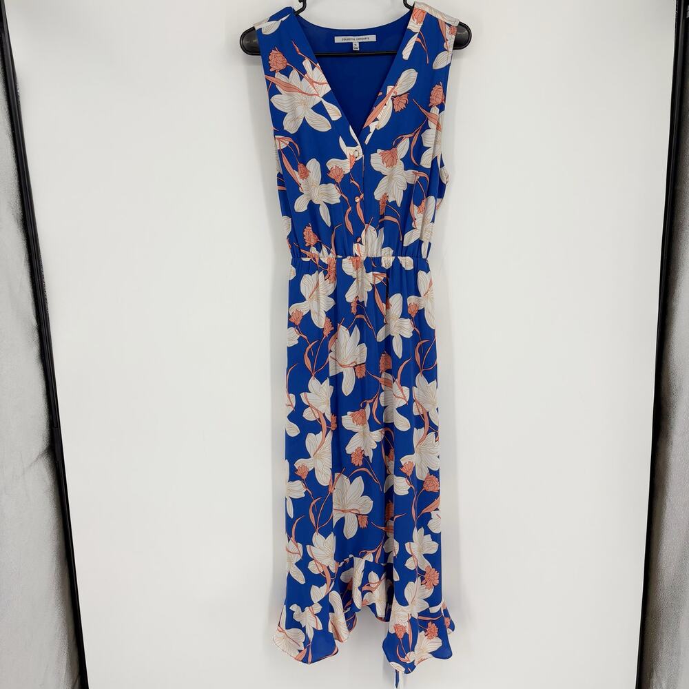 Collective Concepts Blue Floral Button Front Belted Sleeveless MIDI Dress Sz XL